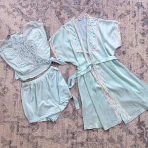 Vintage 60s Lily of France Blue Satin Lace Lingerie Pajama Robe Set Puleo Szule